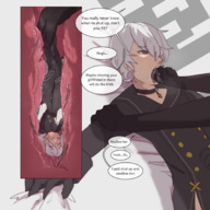 drawing white_hair vore color male clothed text anime domination lying_down short_hair shrunken_woman female_domination inside_mouth pinned swallowed choker a2 pushing dialogue internal_view forced_vore cramped cutaway nier_automata 2b 9s bilefangz