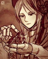 drawing gentle monochrome long_hair clothed handheld anime smiling shrunken_man hat looking_at_tiny petting plain_doll bloodborne thunderafterdark