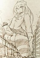 drawing blushing city monochrome long_hair destruction giant male penis clothed buildings anime low_angle kneeling testicles crossdressing thigh_highs looking_at_viewer semi_nude debris femboy ulzakino
