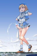 drawing blushing giga city blonde color cum destruction giant male penis clothed ochiko_terada buildings anime low_angle short_hair foot_crush smoke shoe_crush outdoors testicles bow crossdressing looking_at_viewer semi_nude source_needed debris femboy bare_legs