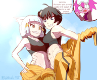 drawing vore black_hair color clothed anime sweat smiling short_hair hand belly giantesses rubbing hugging cat_girl pinned shrunken_person outdoors grey_hair bakemonogatari bangs imminent_vore implied_vore monogatari bare_midriff xenoblade_chronicles_2 nia xenoblade_chronicles kronguss karen_araragi