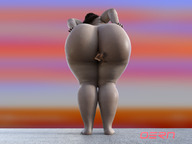nude black_hair large_breasts long_hair butt barefoot bbw anal_insertion bending_over shrunken_woman hands_on_hips struggling thick_thighs no_background digital_render between_buttcheeks oern