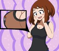 breasts drawing blushing color bra brunette brown_eyes smiling love short_hair entrapment shrunken_person my_hero_academia ochako_uraraka desayun-art hands_on_face breast_entrapment