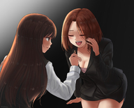 large_breasts long_hair clothed handheld cleavage saliva brunette brown_eyes short_hair shrunken_woman feeding imminent_vore no_background kuroihassan