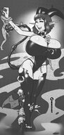 drawing horns tail monochrome huge_breasts smiling short_hair mini_giantess between_legs no_background pointed_ears between_breasts