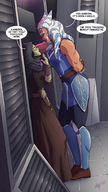 breasts horns alien large_breasts armor blue_eyes skirt green_eyes mini_giantess boots muscles amazon star_wars towering tattoo belt dialogue tiara leaning_forward hood green_skin orange_skin togruta zerohour99 ahsoka_tano jedi mirialan barriss_offee lekku