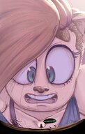 drawing furry anthro color large_breasts long_hair tongue teeth cleavage bra green_eyes low_angle red_hair looming shrunken_man open_mouth nail top dialogue wendy paperclips tdart td