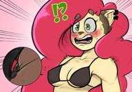 drawing nipples furry blushing anthro color large_breasts long_hair teeth bra green_eyes embarrassed red_hair shrunken_man open_mouth standing wendy bra_entrapment cutaway bare_midriff clothing_entrapment tdart td