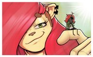 drawing gentle furry anthro color long_hair handheld green_eyes smiling red_hair sitting piercings shrunken_man photograph jewelry looking_back wendy on_finger grey_skin smirking one_eye_covered tdart td