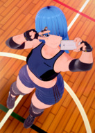 gentle clothed handheld anime blue_hair high_angle smiling gloves short_hair phone shorts shrunken_man hanging_on bangs gym on_finger digital_render selfie peace_sign photographing one_eye_covered bare_midriff nhyanma