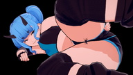 small_man horns long_hair clothed anime demon blue_hair smiling succubus ponytail lying_down demoness shorts between_legs thigh_crush monster_girl bangs holding_up no_background looking_at_tiny digital_render nhyanma