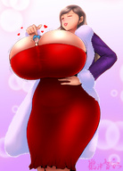 drawing long_hair cleavage huge_breasts brunette smiling heart winking tight_clothing between_breasts ultuchan