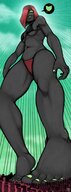 bikini drawing giantess panties feet city color large_breasts long_hair toes barefoot bra buildings green_eyes grinning low_angle red_hair underboob heart looming looking_down standing thighs green_nails bare_legs one_eye_covered bare_midriff black_skin tdart mama_td