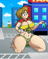 drawing giantess large_breasts cleavage smiling kneeling ripped_clothing hanging_on thick_thighs idooodlestuff