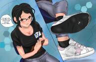 breasts drawing feet black_hair color large_breasts cleavage playful glasses shoes low_angle brown_eyes smiling in_shoe socks amy sitting entrapment point_of_view black_socks shoe_entrapment sheograth10 shrunk_at_college uroboros3 amy_kobayashi