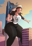 breasts drawing giantess city mega color large_breasts long_hair butt buildings jeans brunette jets pants avengers dark_skin michelle jacket closed_eyes new_york_city thick_thighs mary_jane spider-man marvel_comics caiman2 avengers_tower michelle_jones quinjet