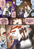drawing panties upskirt comic color large_breasts clothed bed brunette brown_eyes lying_down mini_giantess uniform maid_uniform intimidation servant uru on_body bullying