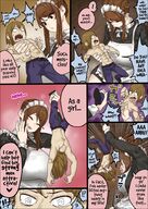 drawing panties upskirt comic color large_breasts clothed bed brunette brown_eyes lying_down mini_giantess uniform maid_uniform intimidation servant uru on_body bullying
