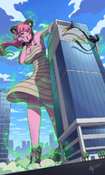 growth giantess horns tail buildings pink_hair dress demoness looming sneakers magic leaning_on_building bare_legs zerohour99 tiefling samarkana