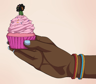 blushing black_hair color clothed handheld scared hand shrunken_woman food trapped holding dark_skin nails candy commission bracelet cupcake imminent_vore implied_vore on_food