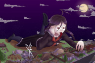 giantess color long_hair tongue destruction clothed buildings glasses anime purple_hair red_eyes moon dress lying_down looming night houses outdoors neighborhood commission yandere danganronpa genocide_jack