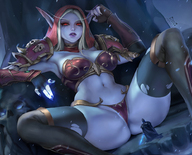 blonde large_breasts butt fantasy red_eyes elf thong sitting world_of_warcraft thigh_highs ripped_clothing blue_nails dark_elf pointed_ears sylvanas_windrunner pale_skin purple_lips bare_midriff arthas lich_king kittew