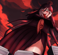 giantess city long_hair tongue clothed buildings glasses anime purple_hair red_eyes dress looming looking_down thighs outdoors commission yandere danganronpa charlydibu genocide_jack