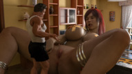 nude large_breasts long_hair red_hair lying_down mini_giantess muscles indoors legs_spread digital_render