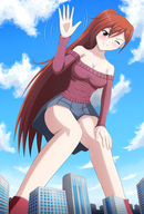 drawing female gentle giantess city clothed skirt waving thedaibijin yasmin looking_at_you