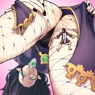 drawing black_hair long_hair butt stockings angle smiling bending_over fishnets shrunken_man entrapment no_background pointed_ears hollewdz