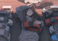 drawing giantess color long_hair brunette lying_down vehicles outdoors 富岡二郎