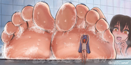 drawing long_hair toes bath soles brunette smiling foot_worship shrunken_man cleaning artclonov