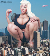 giantess collage city blonde long_hair handheld high_heels huge_breasts train smiling bbw sandals dark_skin outdoors starshot africa_sexxx