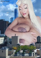 giantess collage city blonde long_hair huge_breasts smiling looking_down dark_skin outdoors hanging_on between_breasts starshot africa_sexxx