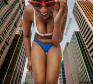 giantess collage city cleavage buildings smiling bending_over sunglasses outdoors between_breasts starshot ladyneon85