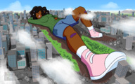 drawing giantess crush city sleeping black_hair color destruction clothed buildings shoes smiling lying_down unaware dark_skin outdoors commission