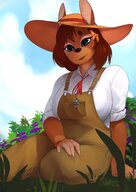 drawing gentle furry anthro color large_breasts blue_eyes clothed brunette sitting shrunken_man looking_down grass overalls pocket thighs garden outdoors hat bow flowers hair_bow gardener in_pocket looking_at_tiny hand_on_leg kerneldecoy doe gardening_club the_dollhouse_academy