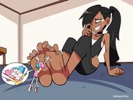 drawing feet black_hair color clothed barefoot playful green_eyes blue_hair smiling pink_hair shrunken_woman indoors choker grey_eyes tickle laugh clown bare_midriff yourhardnerdcollectr kitchy foot_tickle