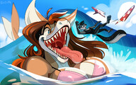 drawing furry anthro large_breasts long_hair tongue water ocean brunette smiling wave open_mouth falling outdoors sharp_teeth surfboard