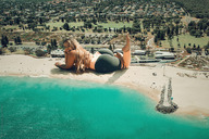 collage blonde long_hair clothed beach barefoot soles smiling lying_down looking_back big_butt crowds tekitocreations
