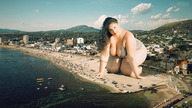 collage city black_hair large_breasts long_hair beach cleavage crawling outdoors thick_thighs tekitocreations