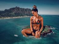 bikini collage black_hair long_hair ocean island sitting looking_down ships bare_midriff tekitocreations