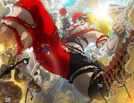 breasts drawing growth giantess city mega blonde comic color large_breasts long_hair destruction blue_eyes rampage skirt buildings smiling gloves harley_quinn underboob pigtails supergirl muscles fighting looking_down mask vehicles thighs costume cape top belt ripped_clothing white_skin lamppost dc_comics shrinksin90