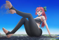 breasts drawing giantess giga city long_hair destruction clothed barefoot red_hair lisa thedaibijin stirrups