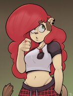 drawing gentle furry tail anthro color large_breasts long_hair red_hair piercings shrunken_man standing looking_up earrings wendy in_pocket no_background shirt_pocket one_eye_covered bare_midriff tdart breast_pocket td hand_in_pocket