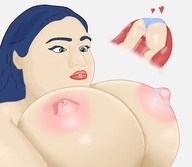 drawing giantess panties long_hair blue_hair huge_breasts topless bbw shrunken_woman looking_down between_lips no_background cutaway redcaped