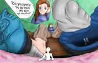 drawing feet color blue_eyes clothed shoes brunette low_angle sitting looking_down sneakers carpet indoors point_of_view sofa white_socks looking_at_tiny uroboros3 nadine