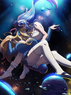 drawing panties giga upskirt space large_breasts long_hair planet cleavage blue_hair kissing lesbians giantesses closed_eyes cosmic_giantess zerohour99