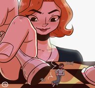 drawing color low_angle smiling red_hair short_hair hand chess shrunken_man cruel no_background newother otheruizart otheruiz queen’s_gambit beth_hamon