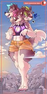 drawing giantess furry anthro city dog color destruction buildings foot_crush canine cerberus shorts unaware multicolored_hair distracted cleavage_window bare_midriff asianpie three_headed high_top